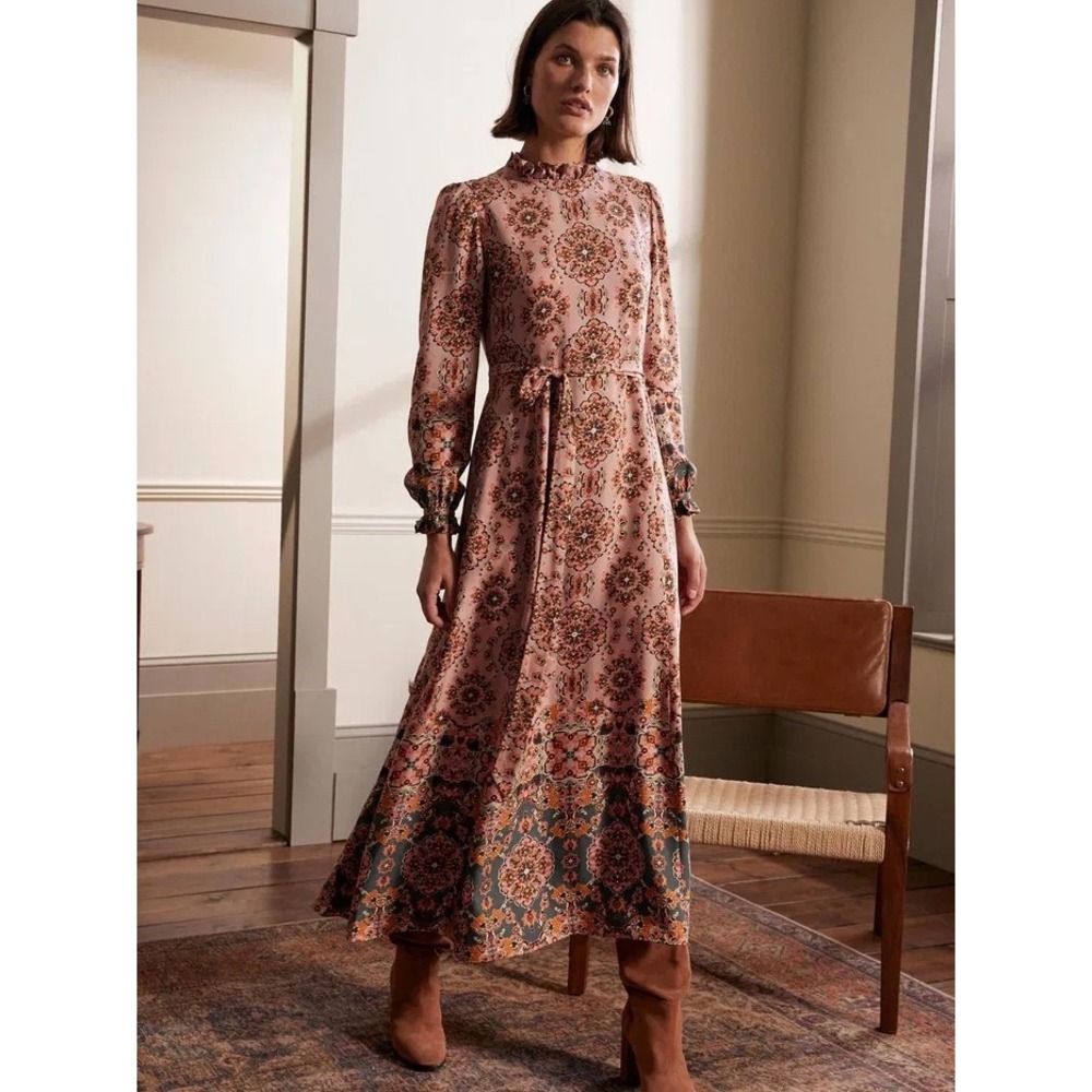 Boden Mariam Maxi Dress 6R Pink Paisley Silk Blend Ruffle High Neck Bohemian